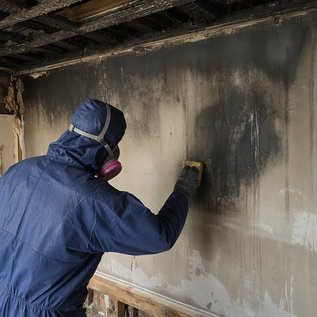 Professional in protective suit performing fire and smoke damage restoration on wall.