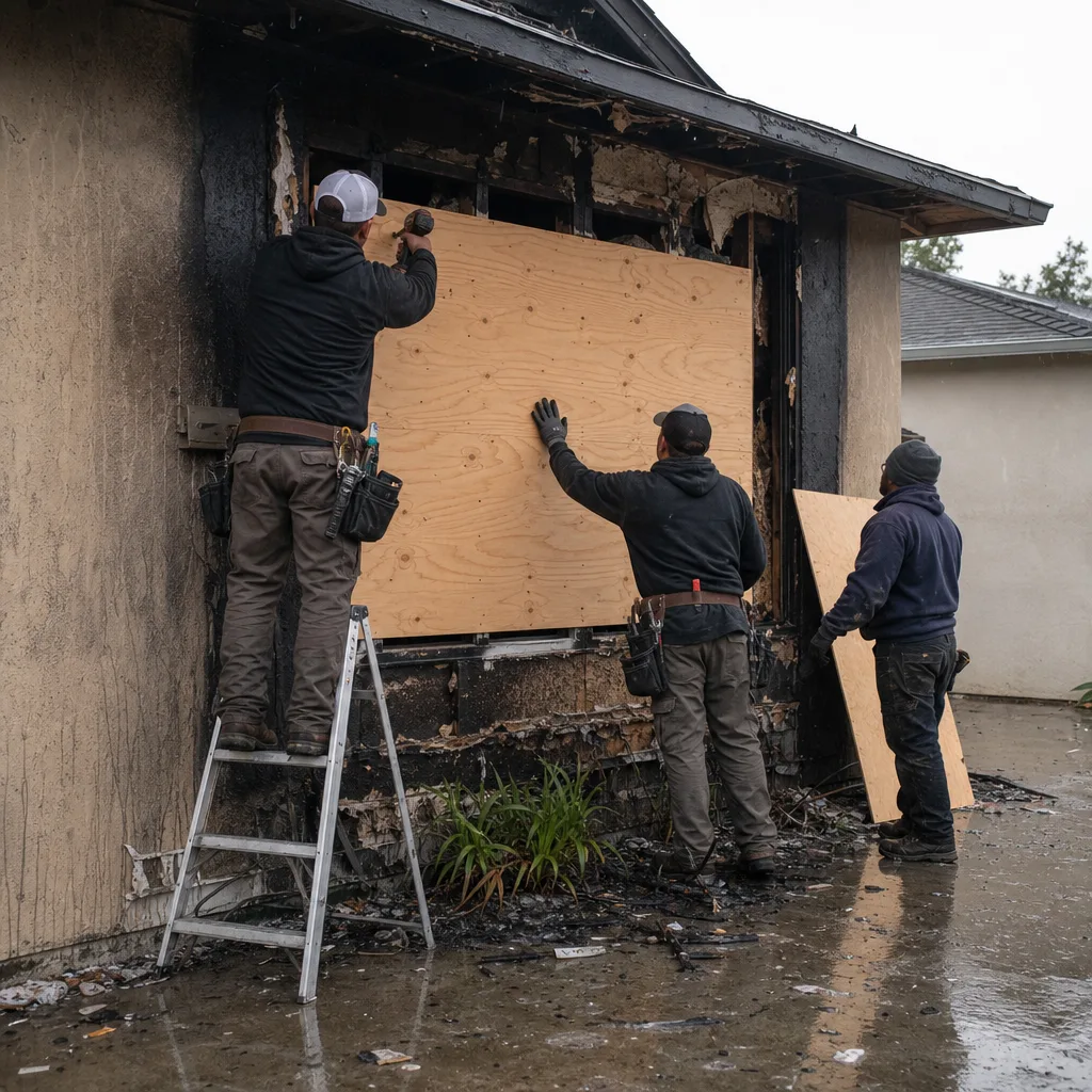 Workers installing plywood boards to secure a fire damaged home exterior