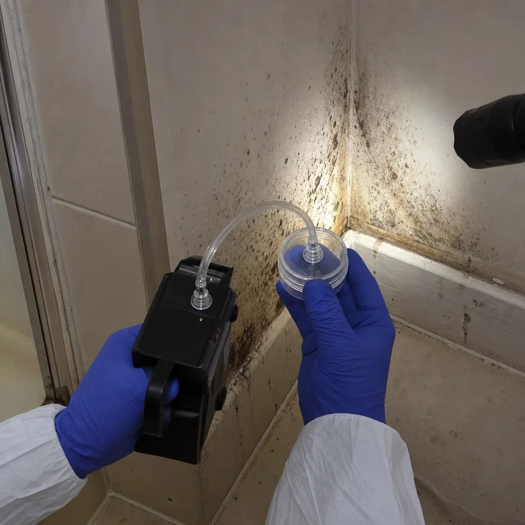 Professional performing mold spore air quality testing in a bathroom