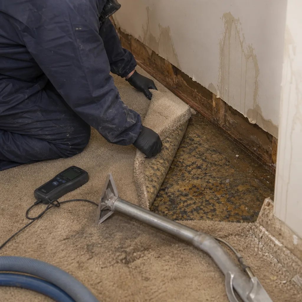 Water damage restoration technician inspecting wet carpet and floor
