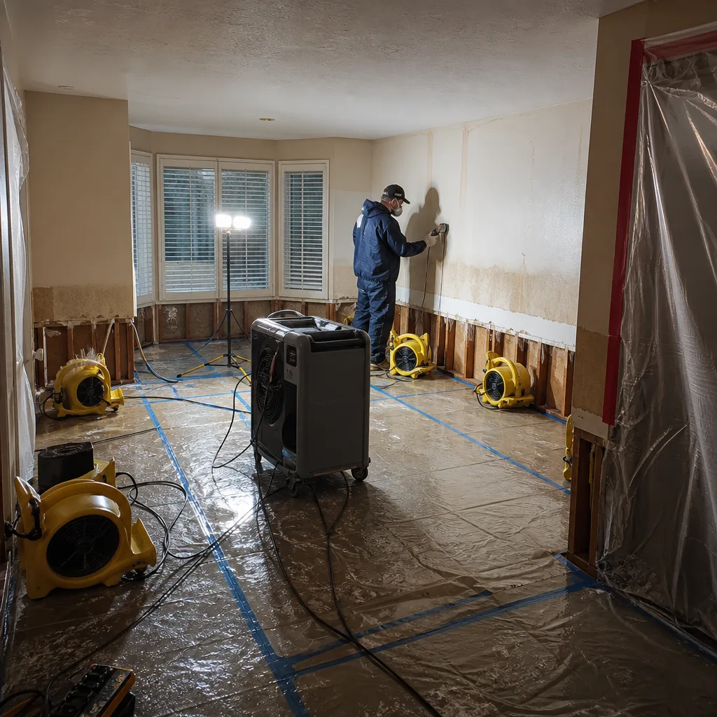 Water damage restoration professional using moisture meter in a drying room